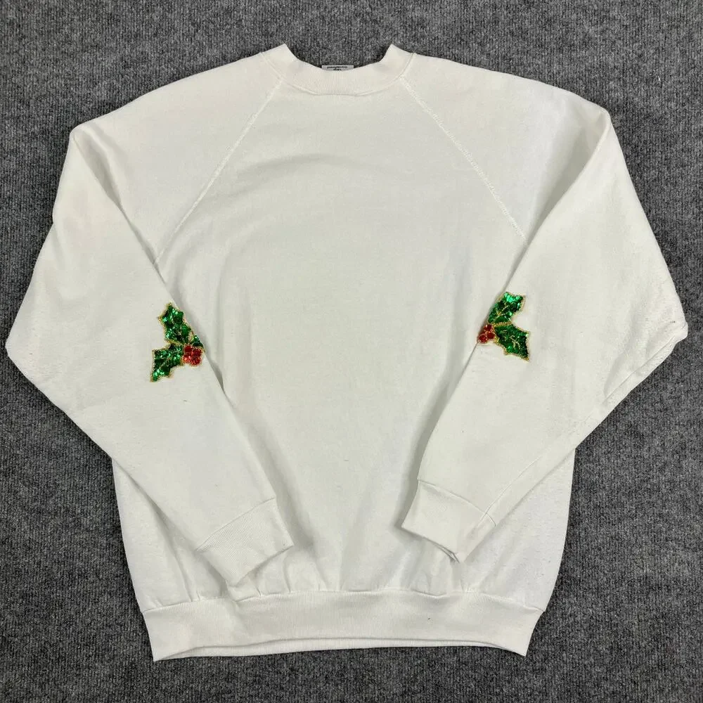 Tultex Vintage‎ Christmas Sweatshirt Mens Large White Holly Embellished Crewneck